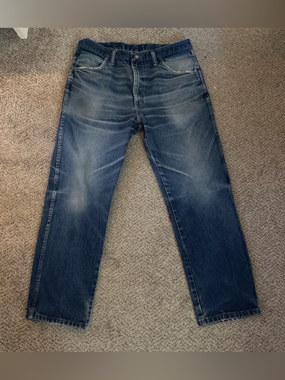 Distressed Worn In Rustler Blue Jeans Straight Fit 36x30 men’s wrangler